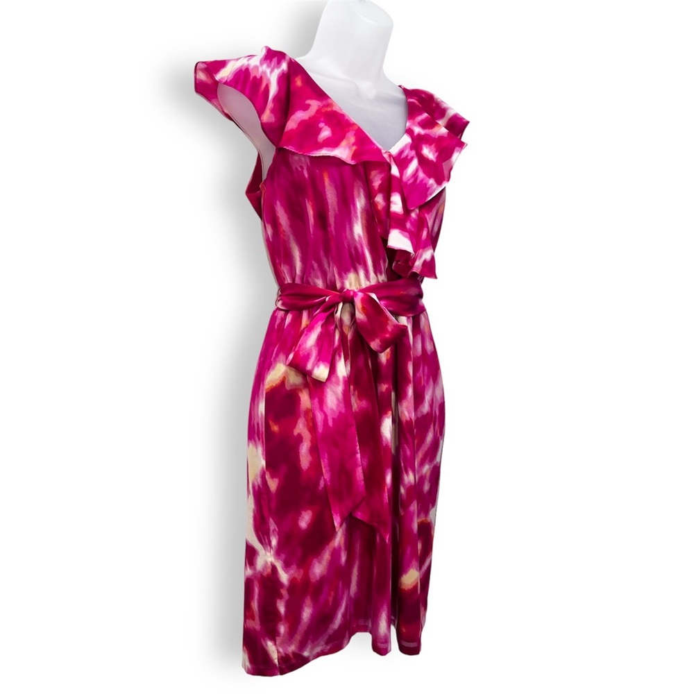 Ann Taylor Silk Flutter Dress w/ Tie Belt Pink Watercolor Size 6